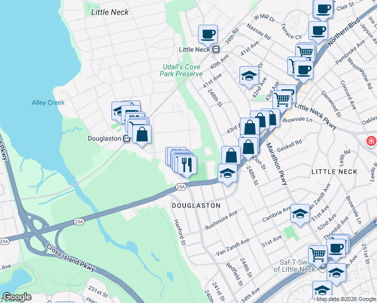 map of restaurants, bars, coffee shops, grocery stores, and more near 43-17 Hamilton Place in Queens