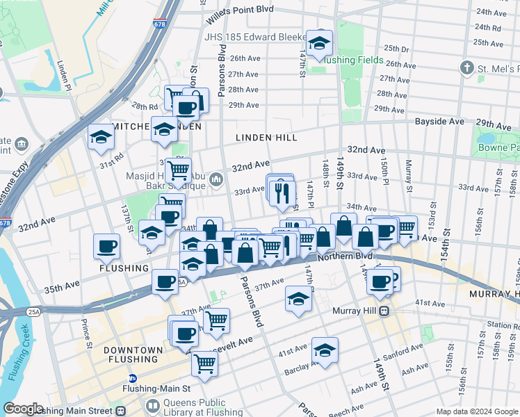 map of restaurants, bars, coffee shops, grocery stores, and more near 145-6A 34th Avenue in Queens