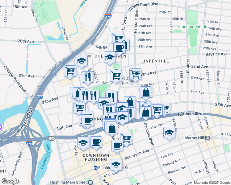 map of restaurants, bars, coffee shops, grocery stores, and more near 33-33 Union Street in Queens