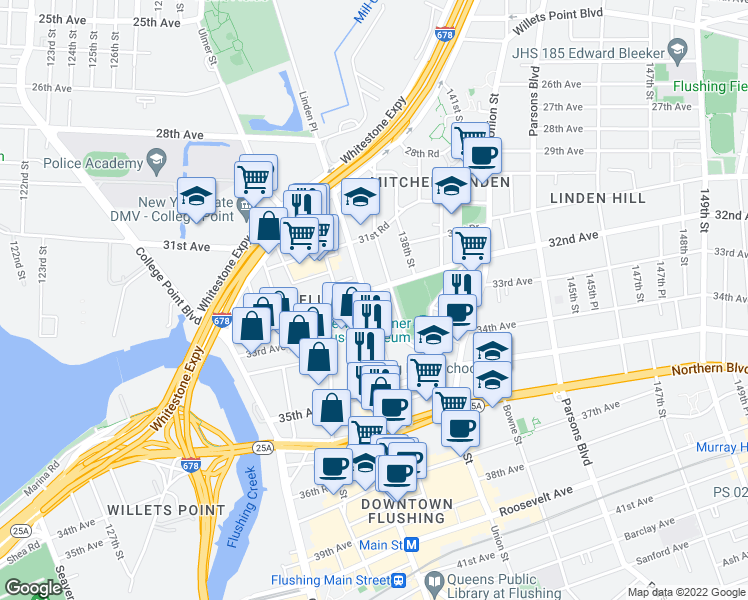 map of restaurants, bars, coffee shops, grocery stores, and more near 32-25 Linden Place in Queens