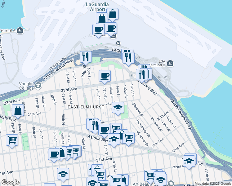 map of restaurants, bars, coffee shops, grocery stores, and more near 23-53 98th Street in Queens