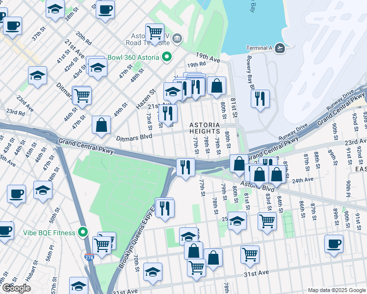 map of restaurants, bars, coffee shops, grocery stores, and more near 22-49 76th Street in Queens