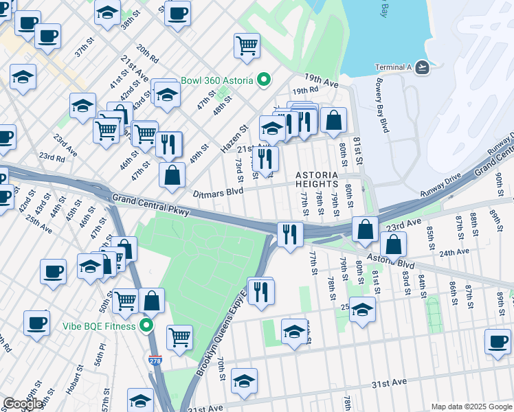 map of restaurants, bars, coffee shops, grocery stores, and more near 22-41 73rd Street in Queens