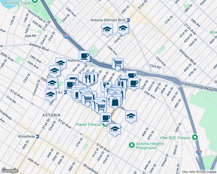map of restaurants, bars, coffee shops, grocery stores, and more near 25-81 36th Street in Queens