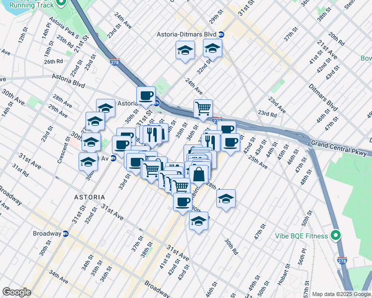map of restaurants, bars, coffee shops, grocery stores, and more near 25-81 36th Street in Queens