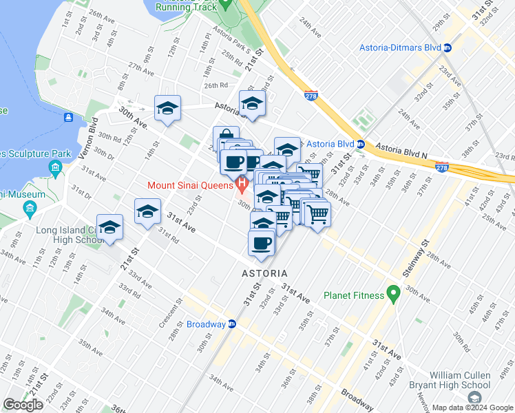 map of restaurants, bars, coffee shops, grocery stores, and more near 25-40 30th Road in Queens