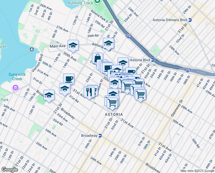 map of restaurants, bars, coffee shops, grocery stores, and more near 25-40 30th Road in Queens