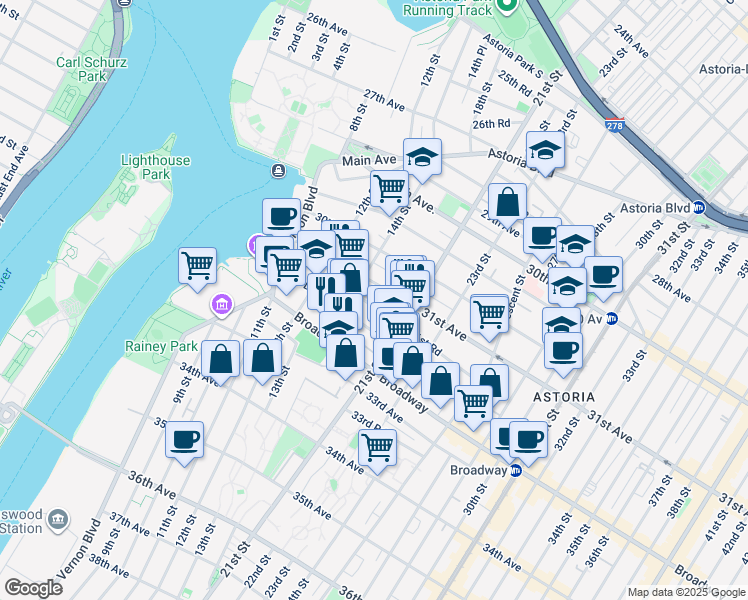 map of restaurants, bars, coffee shops, grocery stores, and more near 14-21 31st Drive in Queens