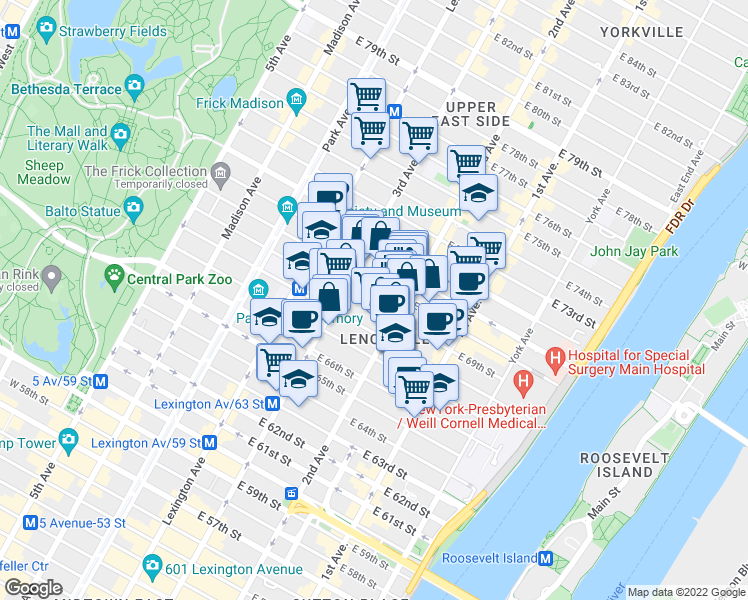 map of restaurants, bars, coffee shops, grocery stores, and more near 215 East 68th Street in New York