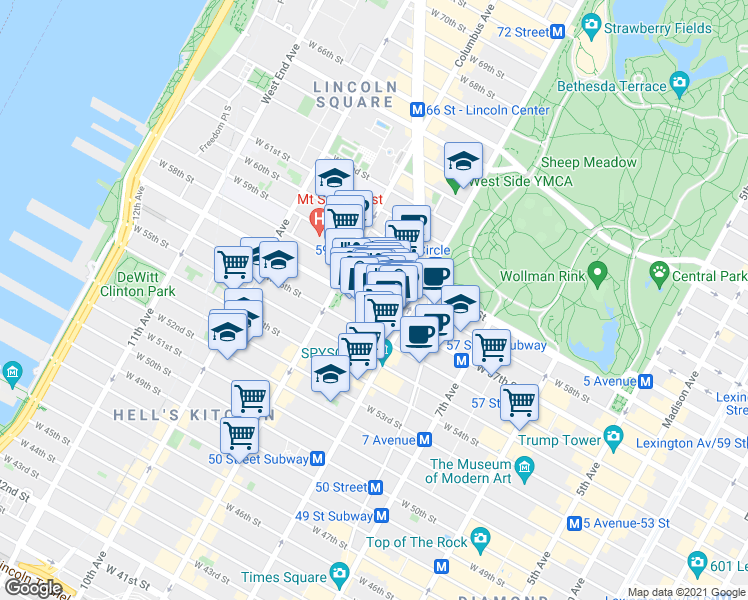 map of restaurants, bars, coffee shops, grocery stores, and more near 330 West 56th Street in New York
