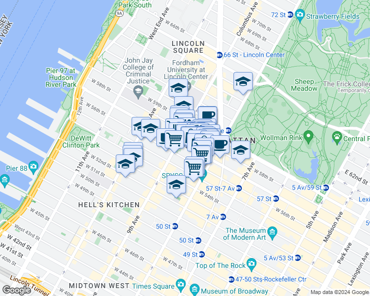 map of restaurants, bars, coffee shops, grocery stores, and more near 328 West 56th Street in New York
