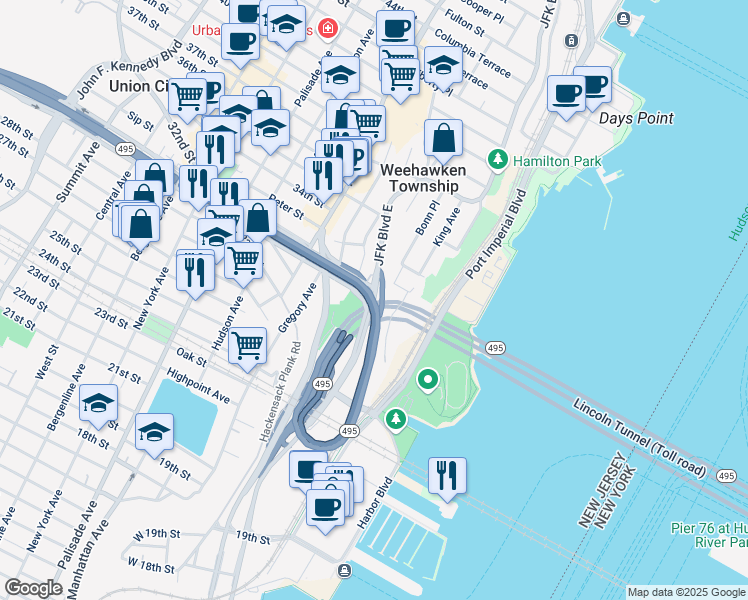 map of restaurants, bars, coffee shops, grocery stores, and more near 400 Park Avenue in Weehawken