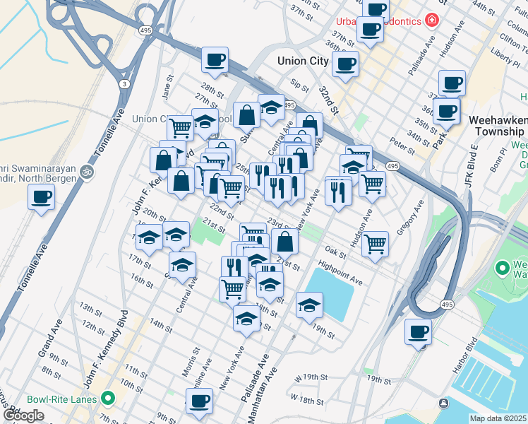 map of restaurants, bars, coffee shops, grocery stores, and more near 522 22nd Street in Union City
