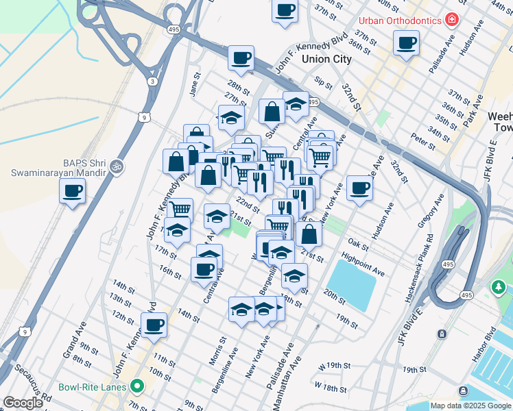 map of restaurants, bars, coffee shops, grocery stores, and more near 619 22nd Street in Union City