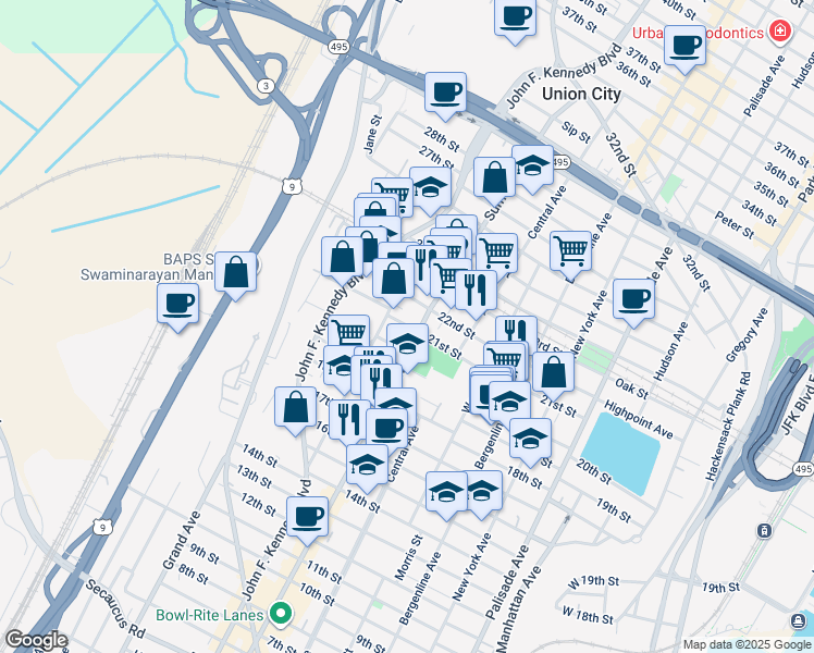map of restaurants, bars, coffee shops, grocery stores, and more near 808 20th Street in Union City