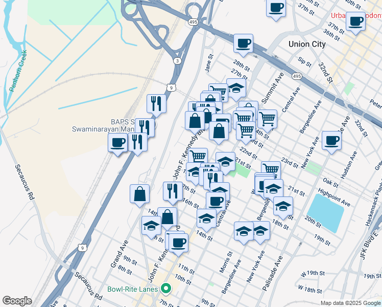 map of restaurants, bars, coffee shops, grocery stores, and more near 1814 John F. Kennedy Boulevard in Union City