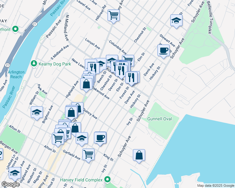 map of restaurants, bars, coffee shops, grocery stores, and more near 398 Forest Street in Kearny
