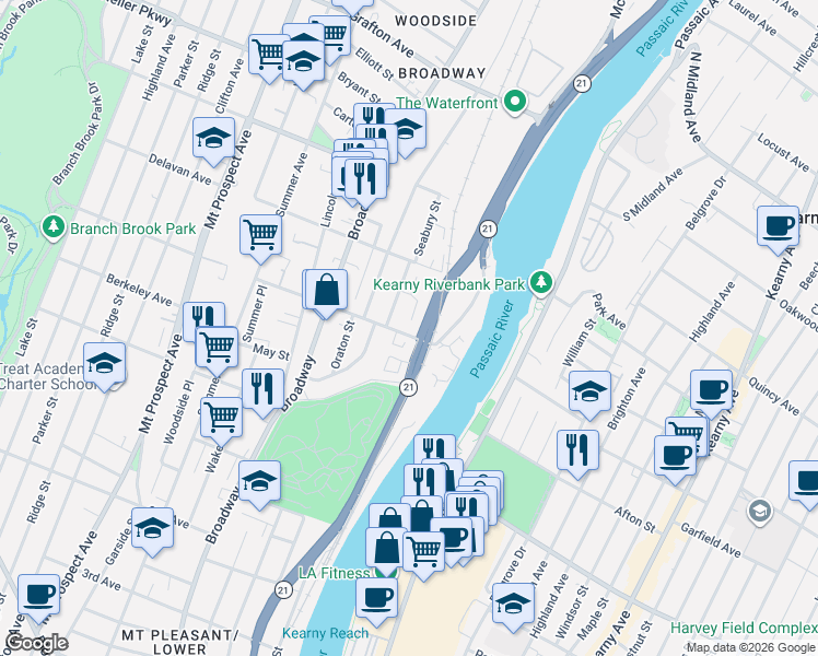map of restaurants, bars, coffee shops, grocery stores, and more near 47 Riverside Avenue in Newark