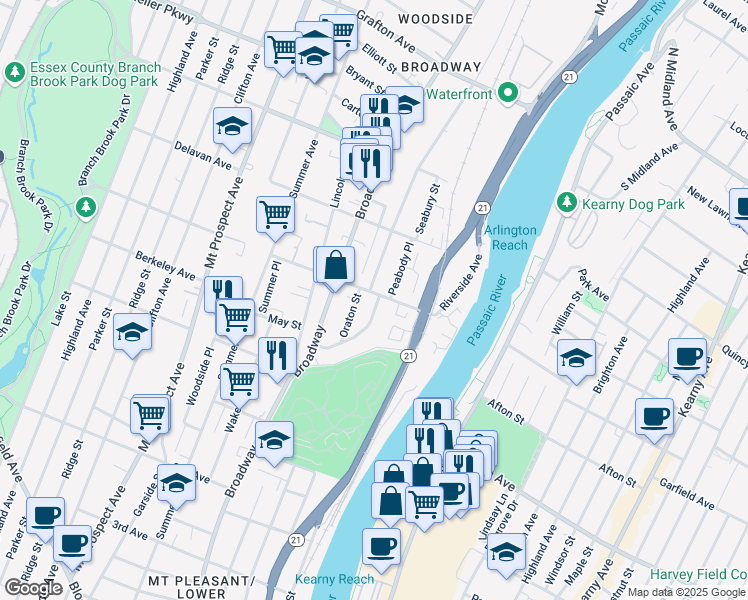 map of restaurants, bars, coffee shops, grocery stores, and more near 36 Chester Avenue in Newark