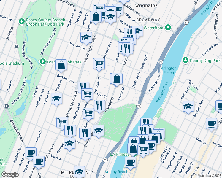 map of restaurants, bars, coffee shops, grocery stores, and more near 478 Broadway in Newark