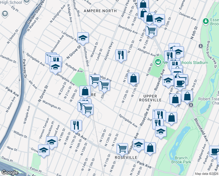 map of restaurants, bars, coffee shops, grocery stores, and more near 30 Ellington Street in East Orange