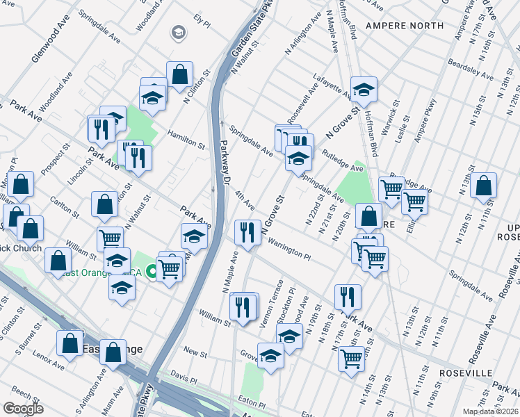 map of restaurants, bars, coffee shops, grocery stores, and more near 288 North Maple Avenue in East Orange