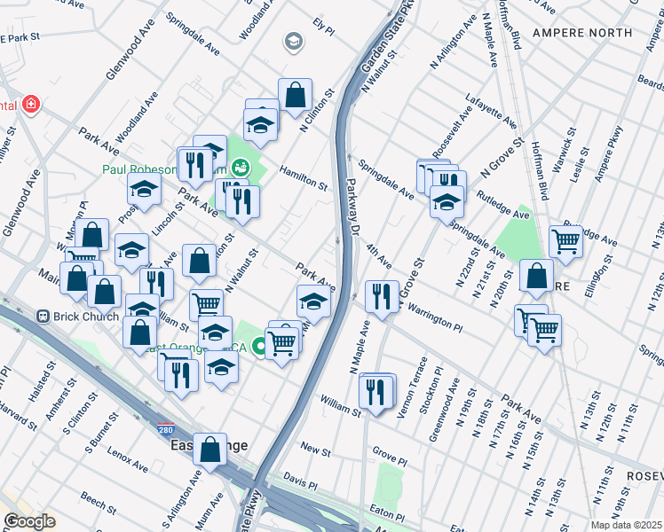 map of restaurants, bars, coffee shops, grocery stores, and more near in East Orange