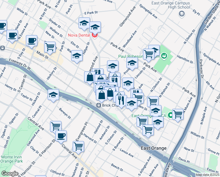 map of restaurants, bars, coffee shops, grocery stores, and more near 7 Lincoln Street in East Orange
