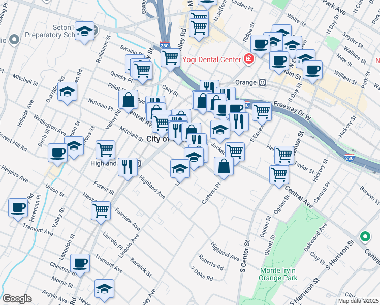 map of restaurants, bars, coffee shops, grocery stores, and more near 285 Lincoln Avenue in City of Orange