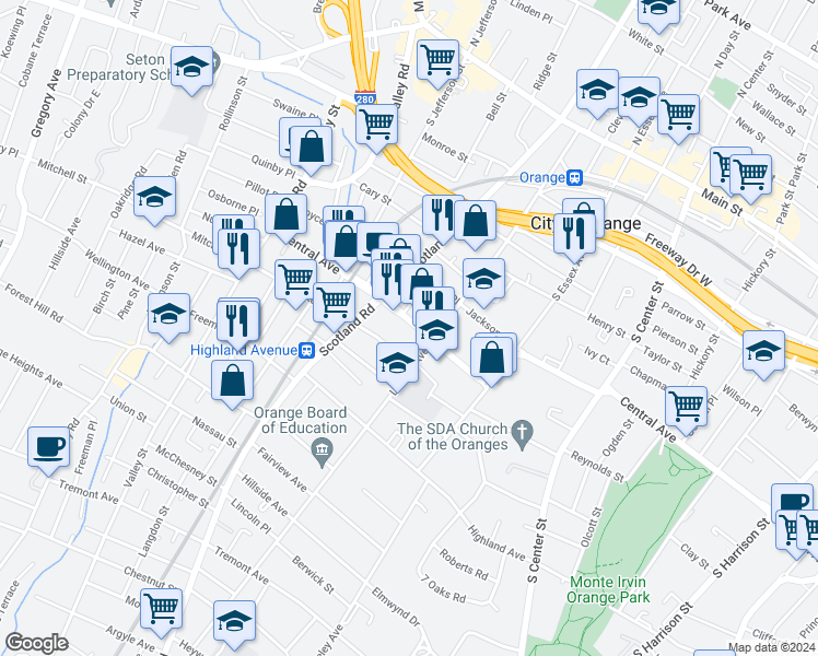 map of restaurants, bars, coffee shops, grocery stores, and more near 285 Lincoln Avenue in City of Orange