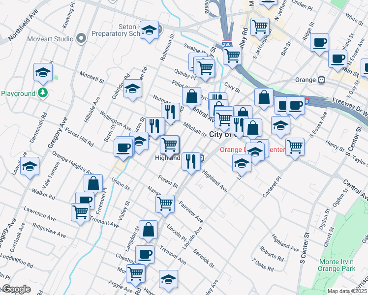 map of restaurants, bars, coffee shops, grocery stores, and more near 44 Stockman Street in West Orange