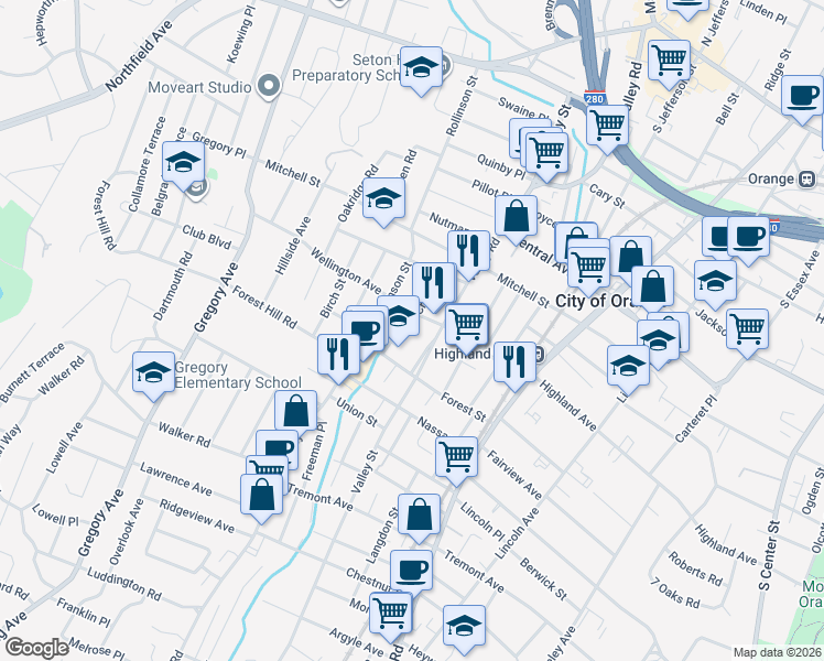 map of restaurants, bars, coffee shops, grocery stores, and more near 425 Valley Street in City of Orange