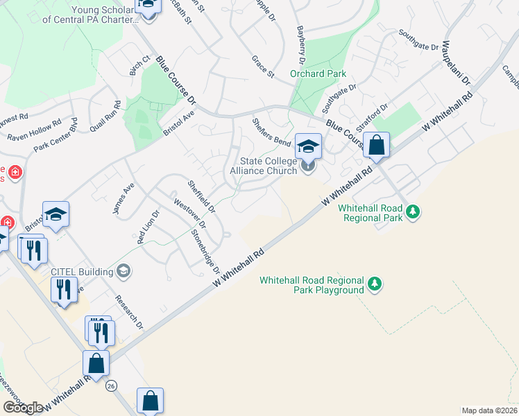 map of restaurants, bars, coffee shops, grocery stores, and more near 3221 Shellers Bend in State College