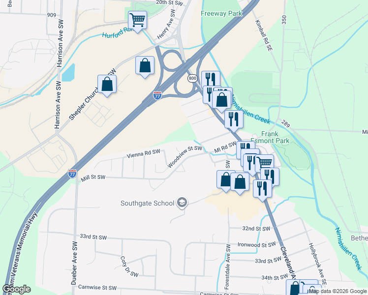 map of restaurants, bars, coffee shops, grocery stores, and more near 1000 Woodview Street Southwest in Canton