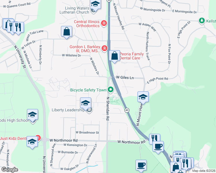 map of restaurants, bars, coffee shops, grocery stores, and more near 6532-6618 North Sheridan Road in Peoria
