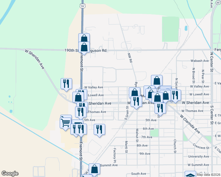 map of restaurants, bars, coffee shops, grocery stores, and more near 1101-1199 West Lowell Avenue in Shenandoah
