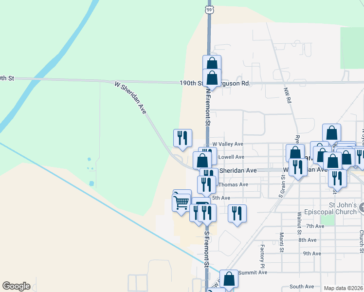 map of restaurants, bars, coffee shops, grocery stores, and more near 1503 West Sheridan Avenue in Shenandoah