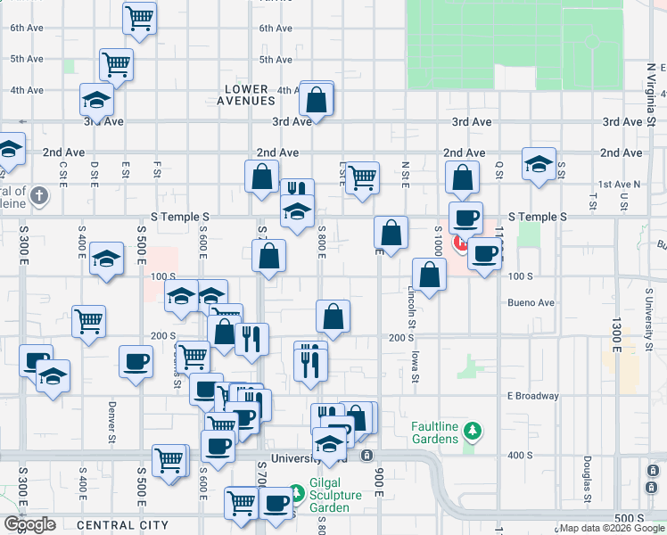 map of restaurants, bars, coffee shops, grocery stores, and more near 836 100 South in Salt Lake City