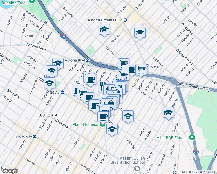 map of restaurants, bars, coffee shops, grocery stores, and more near 25-72 Steinway Street in Queens