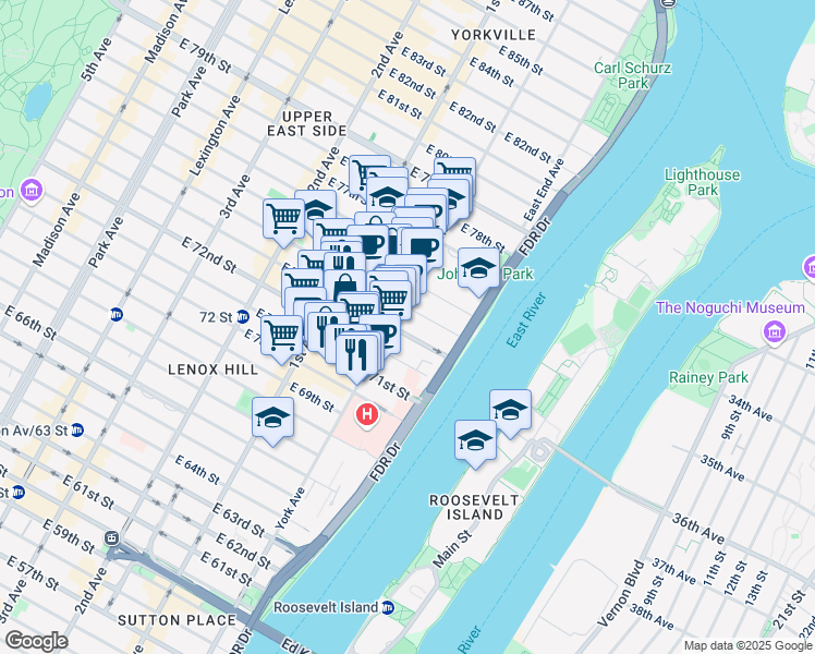 map of restaurants, bars, coffee shops, grocery stores, and more near 503 East 73rd Street in New York