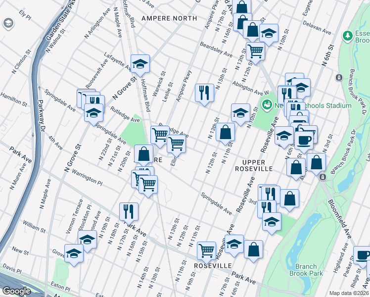 map of restaurants, bars, coffee shops, grocery stores, and more near 30 Ellington Street in East Orange