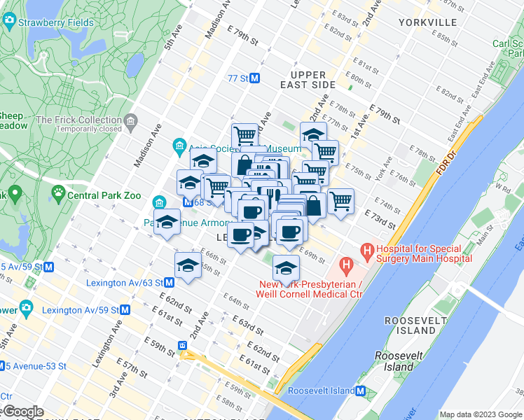 map of restaurants, bars, coffee shops, grocery stores, and more near 2nd Ave & E 70th St in New York