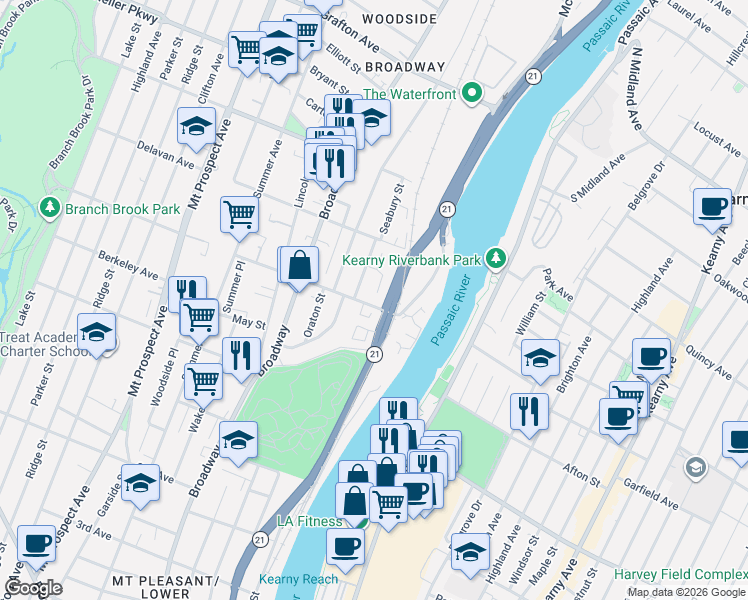 map of restaurants, bars, coffee shops, grocery stores, and more near 47 Riverside Avenue in Newark