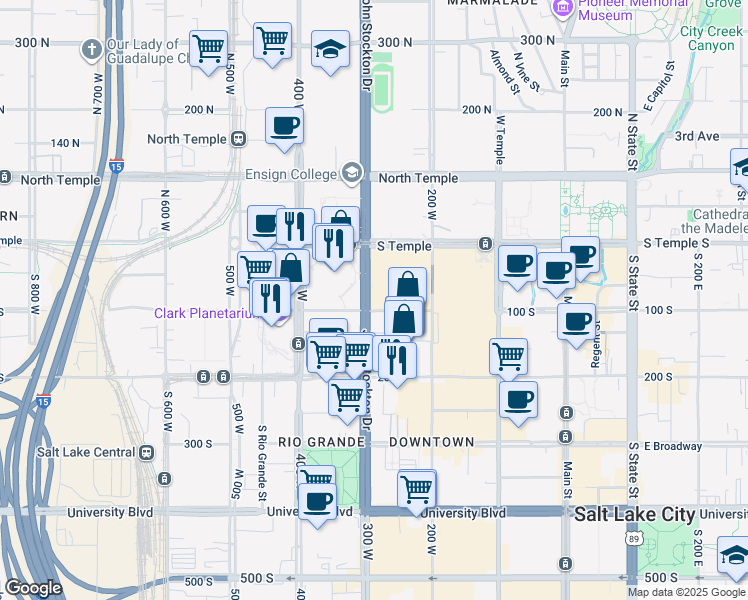 map of restaurants, bars, coffee shops, grocery stores, and more near 103 300 West in Salt Lake City