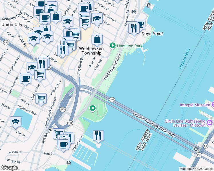 map of restaurants, bars, coffee shops, grocery stores, and more near 150 Henley Place in Weehawken