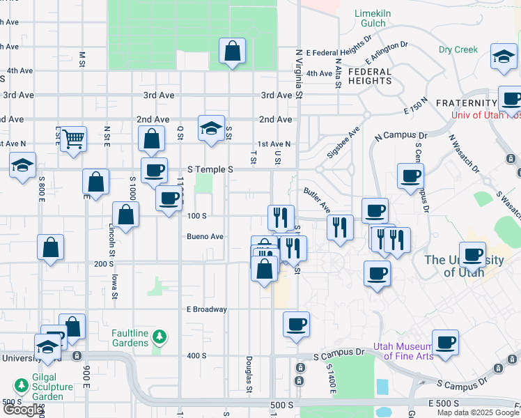 map of restaurants, bars, coffee shops, grocery stores, and more near 1265 East 100 South in Salt Lake City