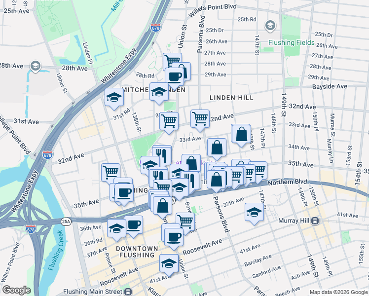 map of restaurants, bars, coffee shops, grocery stores, and more near 14055 34th Avenue in Queens