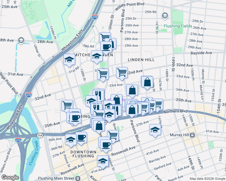 map of restaurants, bars, coffee shops, grocery stores, and more near 14055 34th Avenue in Queens
