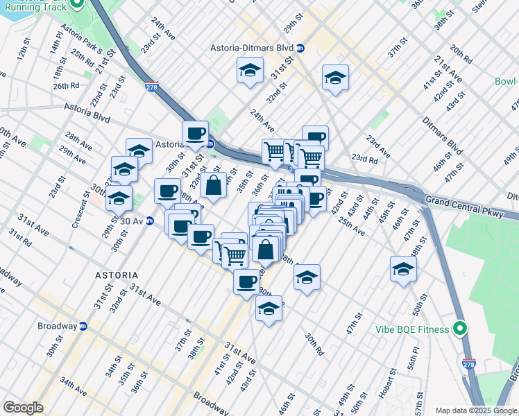 map of restaurants, bars, coffee shops, grocery stores, and more near 25-72 Steinway Street in Queens