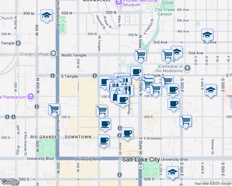 map of restaurants, bars, coffee shops, grocery stores, and more near 102 South Main Street in Salt Lake City